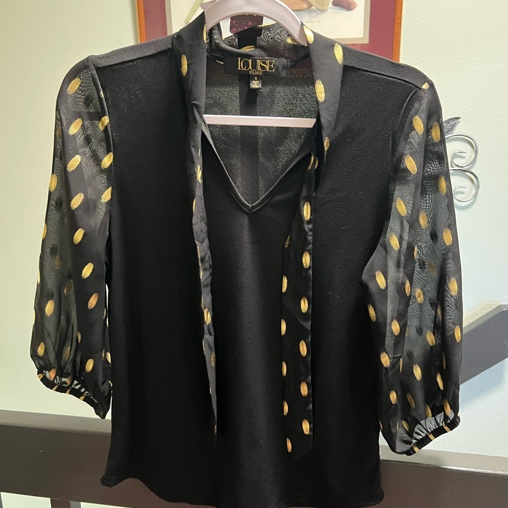 Louise Black Blouse with Gold Accents See Through Sleeves, V-Neck #140